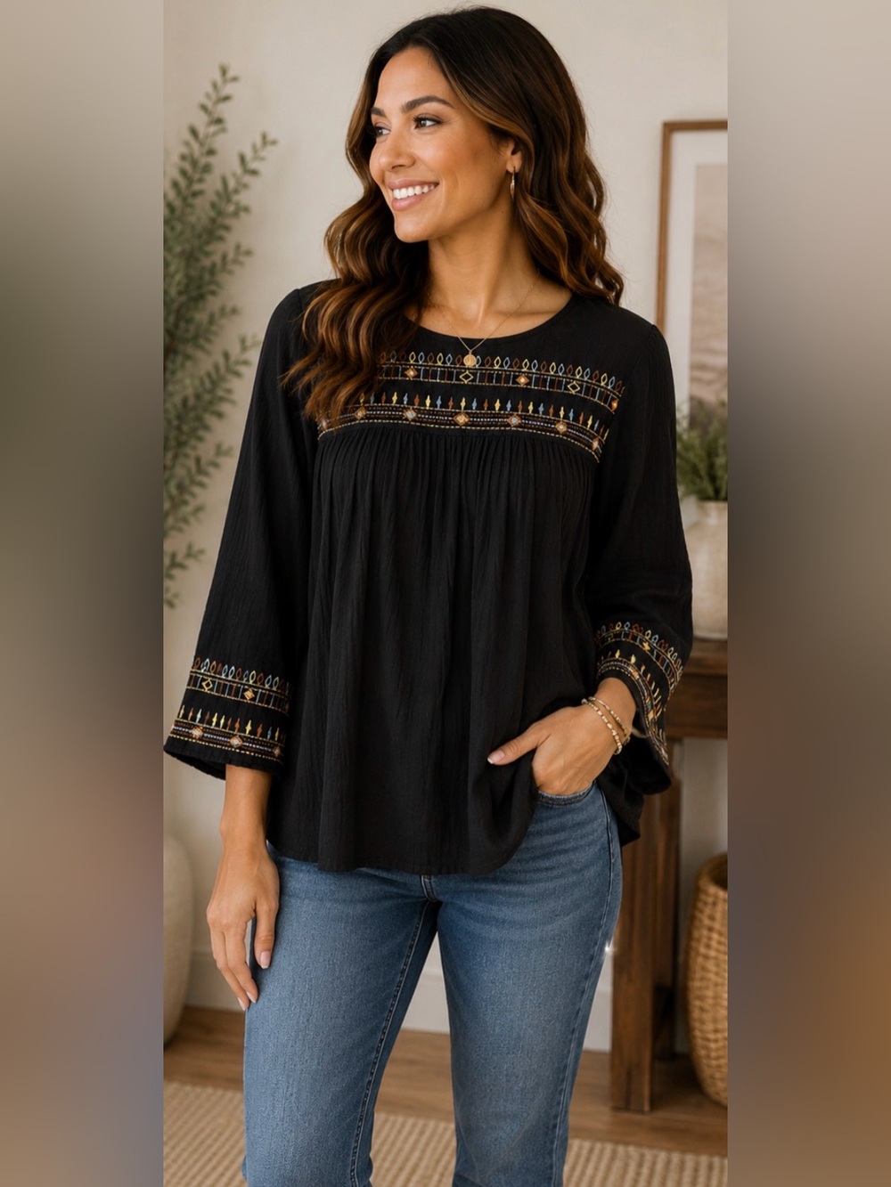 729 J.Jill XS Black Embroidered Boho Peasant Blouse 3/4 Sleeve Cotton Rayon-